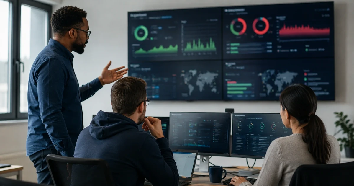 An IT operations team comparing update-ring success, compatibility failures, restart timing, and employee impact on live monitoring screens
