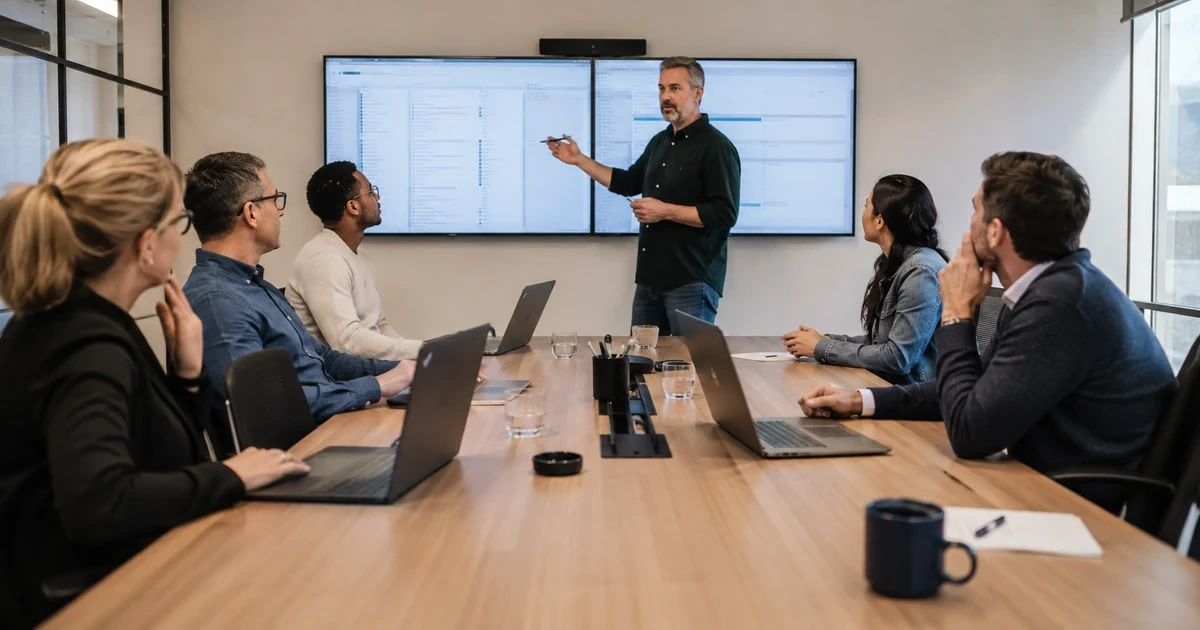 A change review meeting centered on patch ownership, maintenance windows, exception handling, rollback readiness, and support coverage