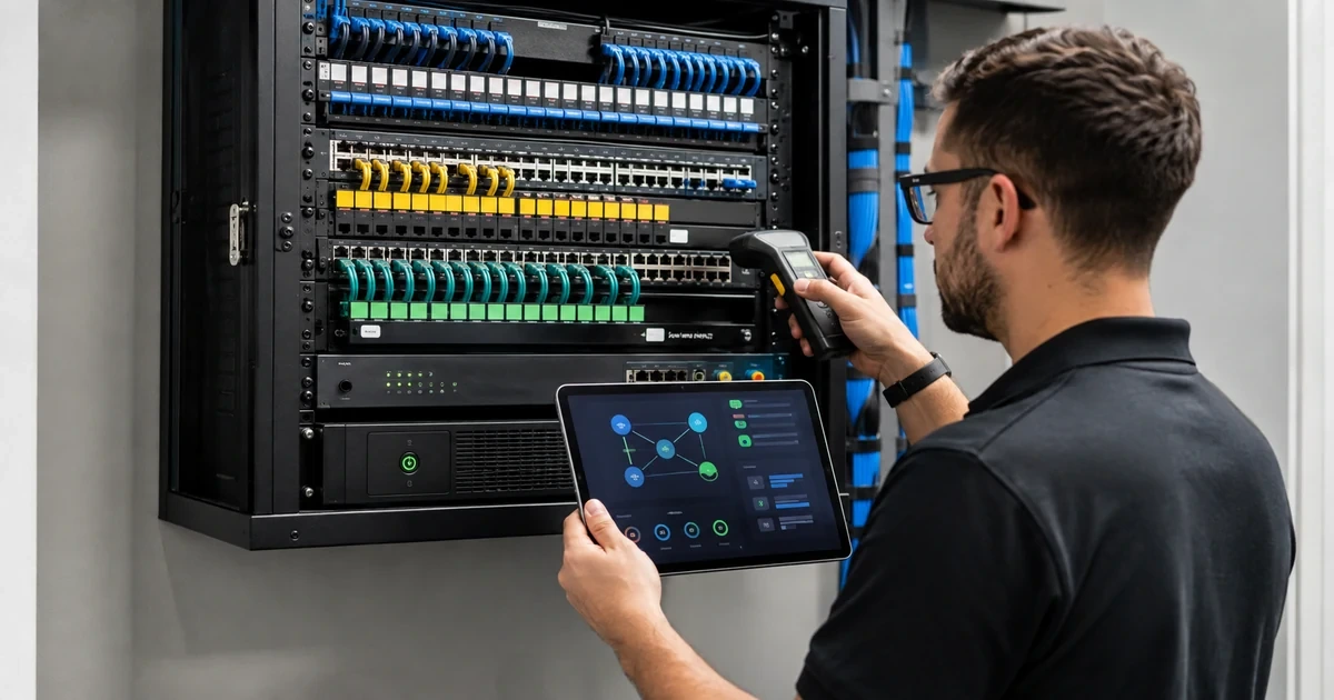 Network engineer scanning assets and reviewing the topology of an organized managed network rack