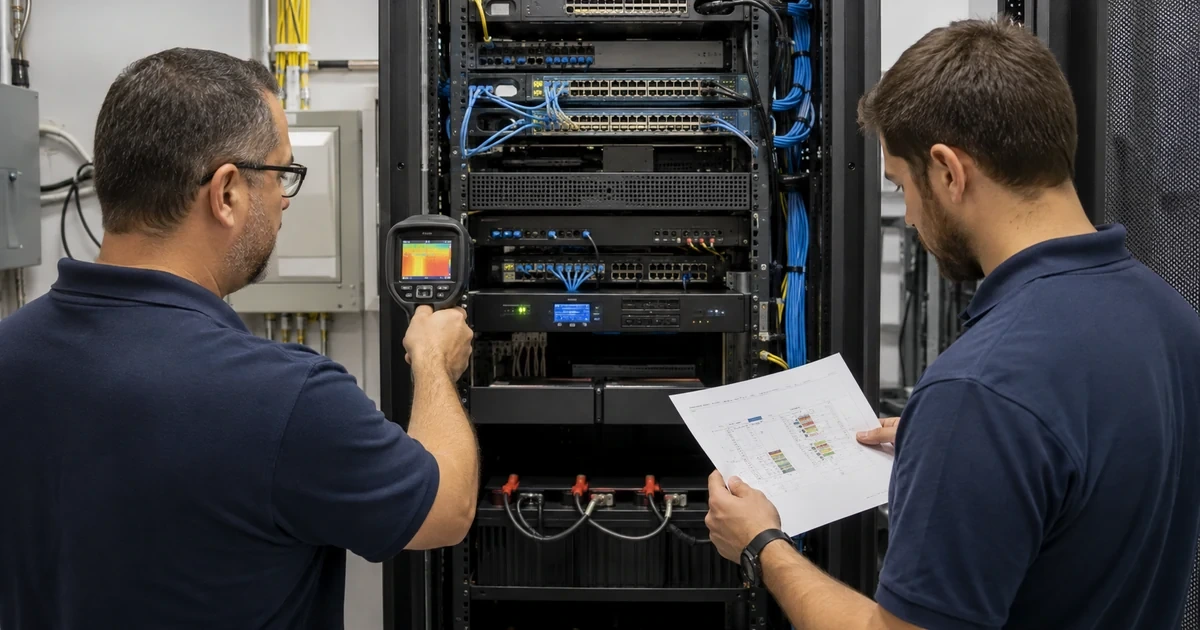 Network engineers checking rack temperature power cabling and redundant connections during preventive maintenance