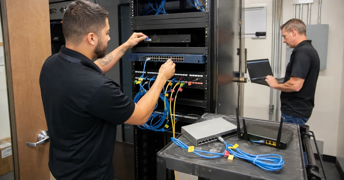 Technicians replacing consumer network equipment with a managed switch and business firewall
