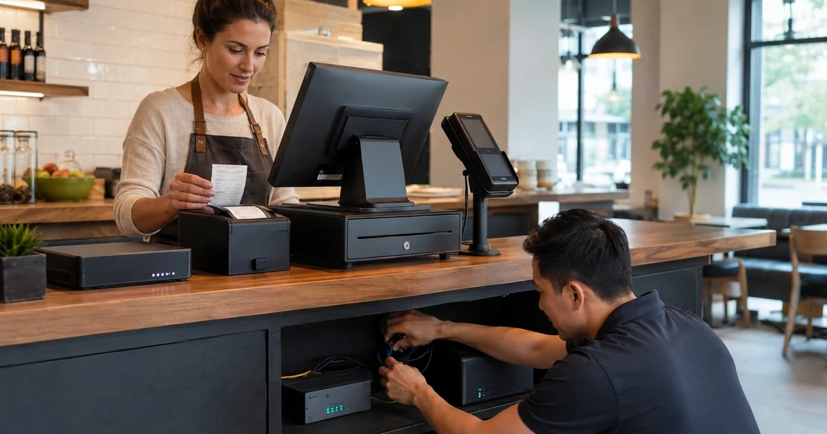 Restaurant manager and IT technician testing a POS terminal receipt printer network and battery backup