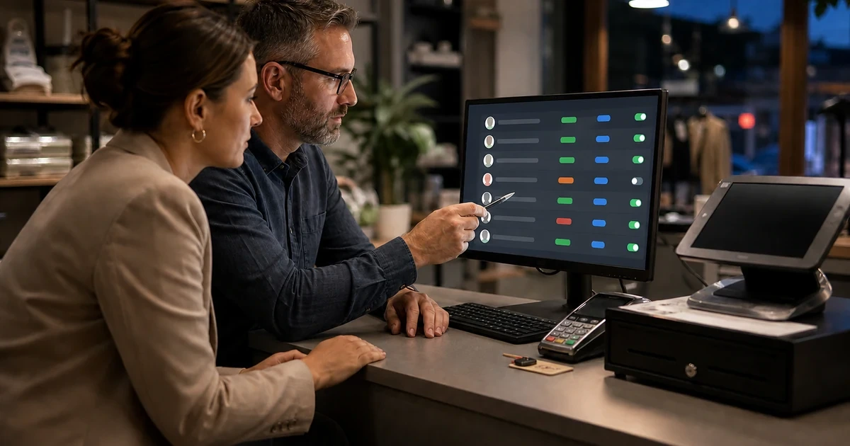 Store manager and IT administrator reviewing employee roles and access controls beside a POS system