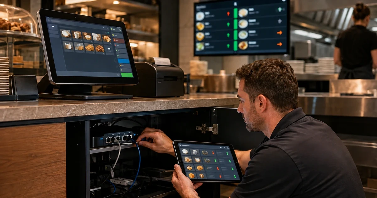 IT technician comparing POS inventory and kitchen order status while testing the wired network connection