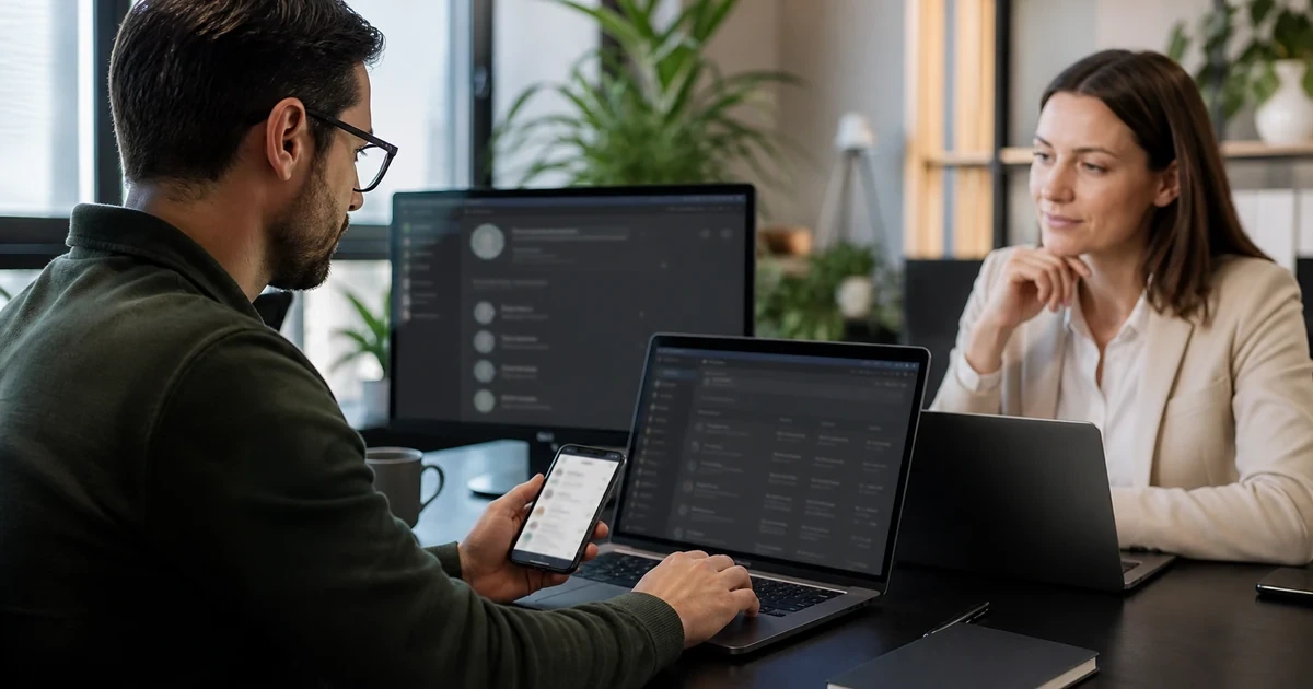 An IT administrator provisioning role-based application access for a new employee across a laptop and phone while a manager approves the request
