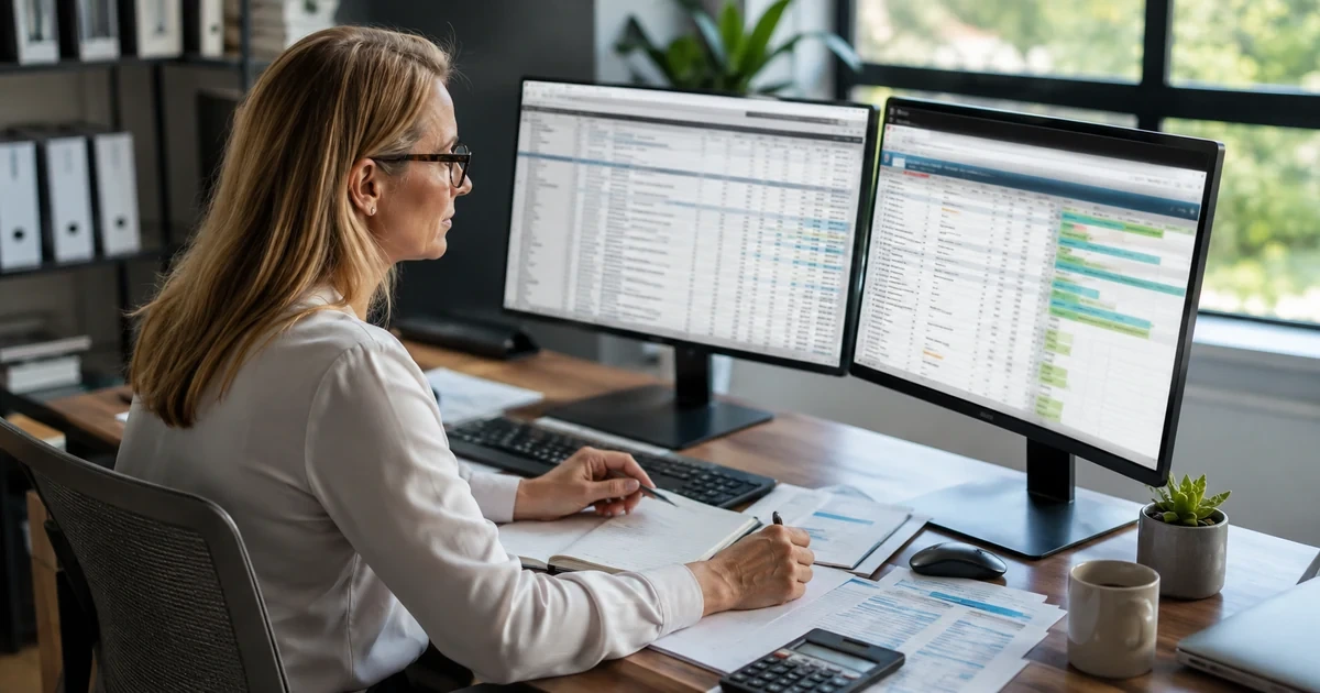 An auditor comparing an employee roster with active application accounts, privileged roles, approvals, and last-use evidence on two monitors