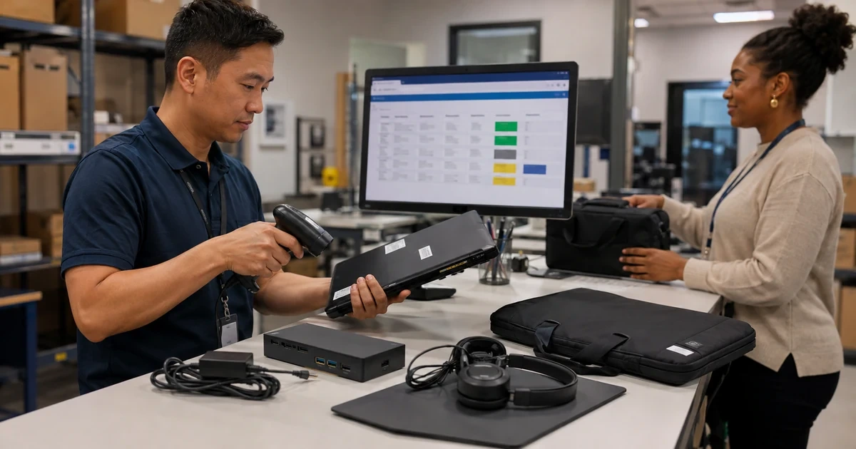 Asset coordinator scanning a new business laptop and preparing a complete employee equipment kit