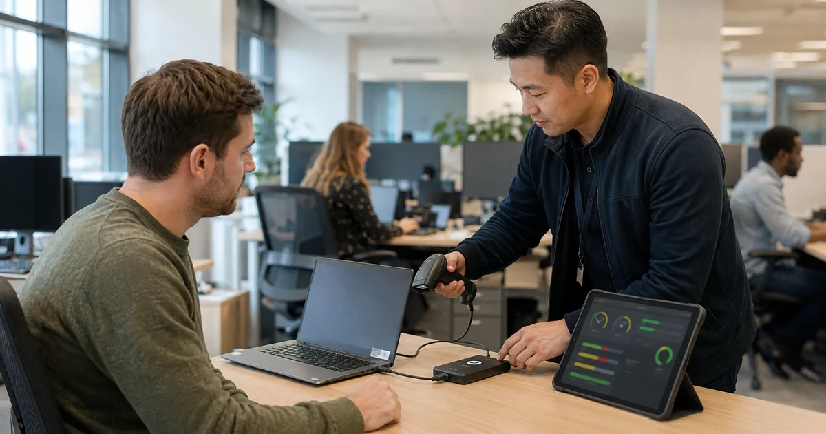IT technician checking a business laptop asset tag battery health warranty age and condition at an employee desk