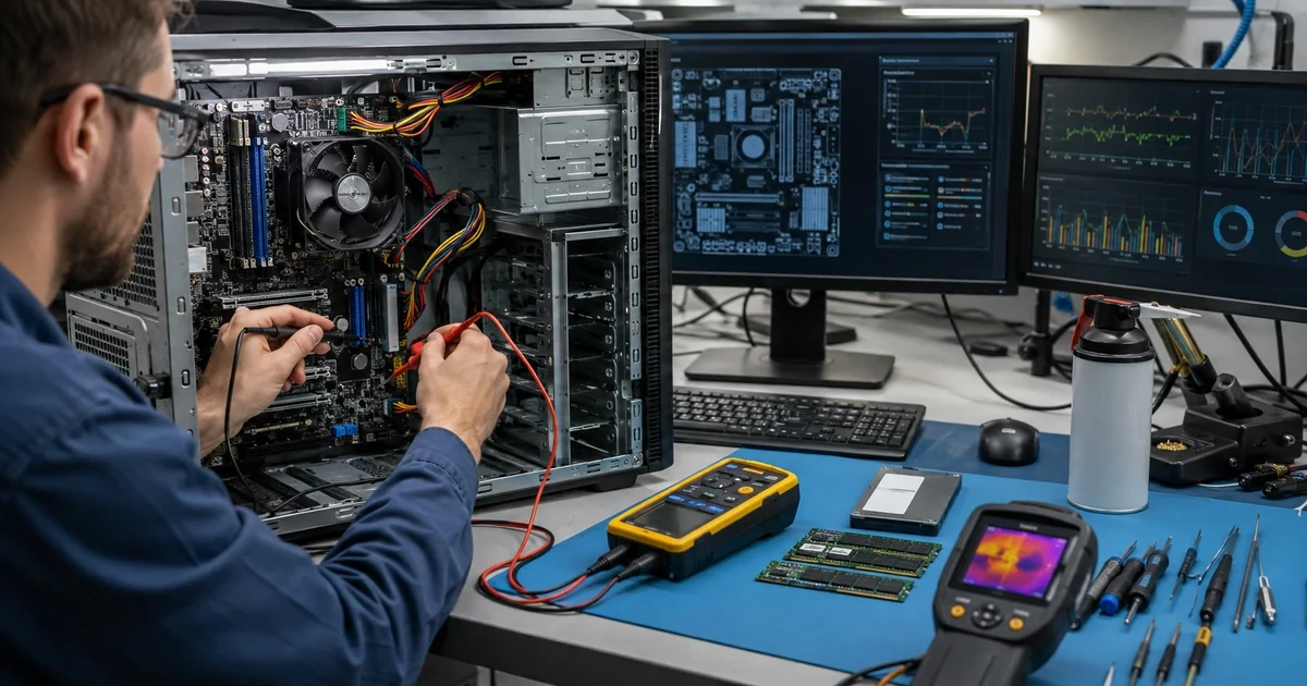 Repair technician testing an open business desktop with hardware diagnostics thermal imaging and known good components