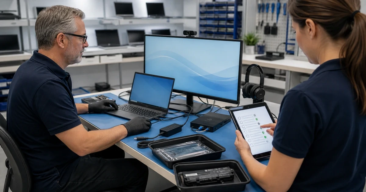 IT technicians validating a repaired laptop with its display network power webcam headset and battery