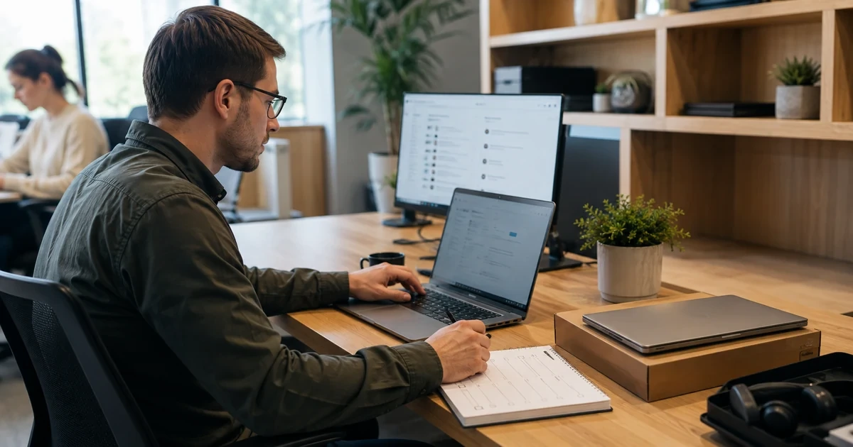 An IT administrator managing Microsoft 365 joiner, mover, and leaver tasks with a new laptop, access checklist, and secure account closure
