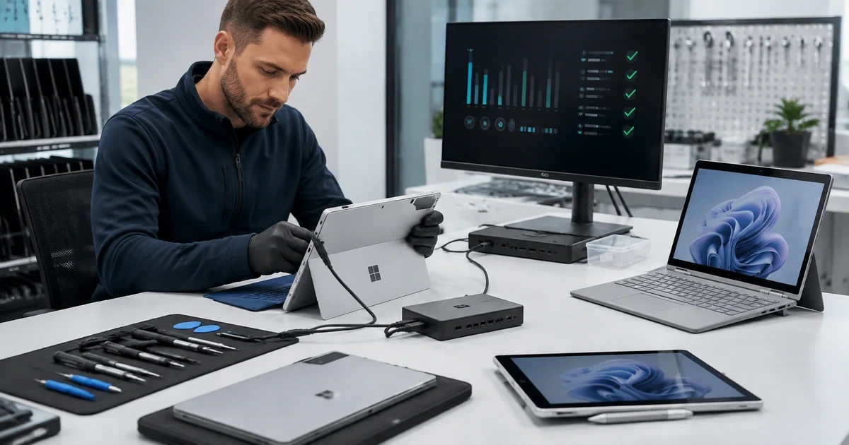 Technician testing Microsoft Surface devices docks batteries ports and diagnostic status for business use