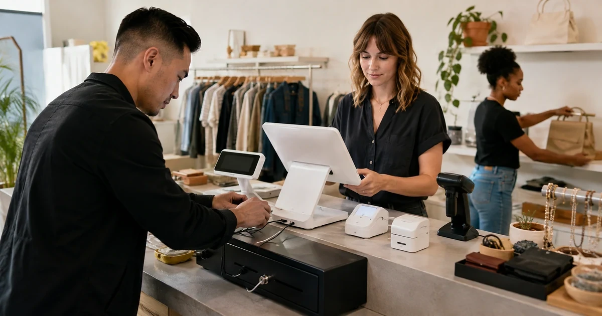 IT technician configuring a retail POS stand customer display card reader printer scanner and cash drawer
