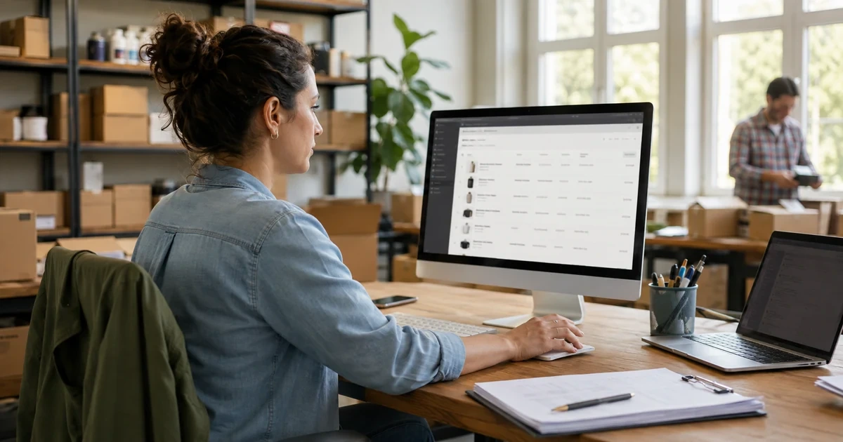 An ecommerce operations manager using a Shopify-style store dashboard to manage products, inventory, orders, and fulfillment in a real retail office