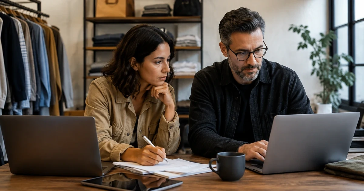 A store owner and IT administrator reviewing ecommerce staff roles, collaborator access, multifactor authentication, and an offboarding checklist