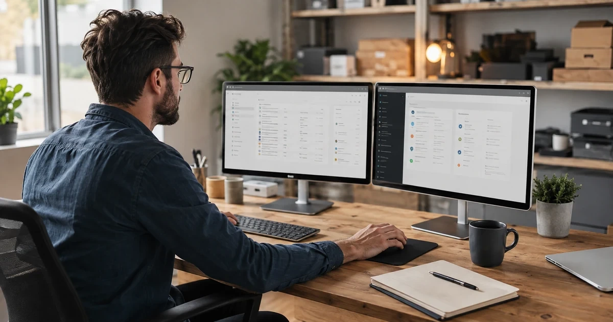 An ecommerce developer and merchant reviewing connected apps, order data, automation, and integration health across two monitors