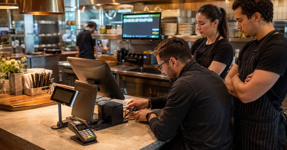 IT technician deploying a restaurant POS terminal customer display payment reader printer and kitchen display