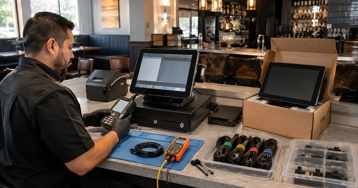 Technician diagnosing a restaurant POS terminal and preparing tested replacement hardware and organized spares