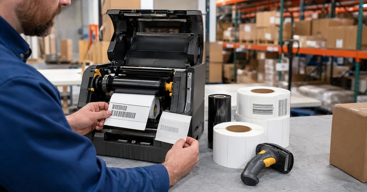 Warehouse technician loading thermal label media and comparing barcode print quality on an industrial printer