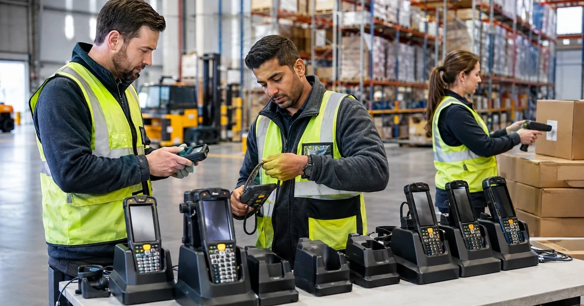 Warehouse deployment team staging rugged handheld barcode computers in charging cradles