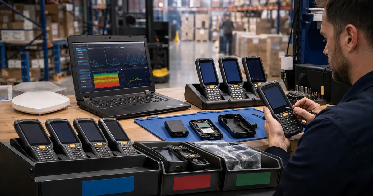 Technician testing rugged handheld computers for firmware wireless performance repair and return to service