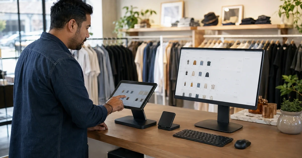 A retail manager configuring a Square-style product catalog, inventory counts, modifiers, and locations on a POS terminal and back-office monitor