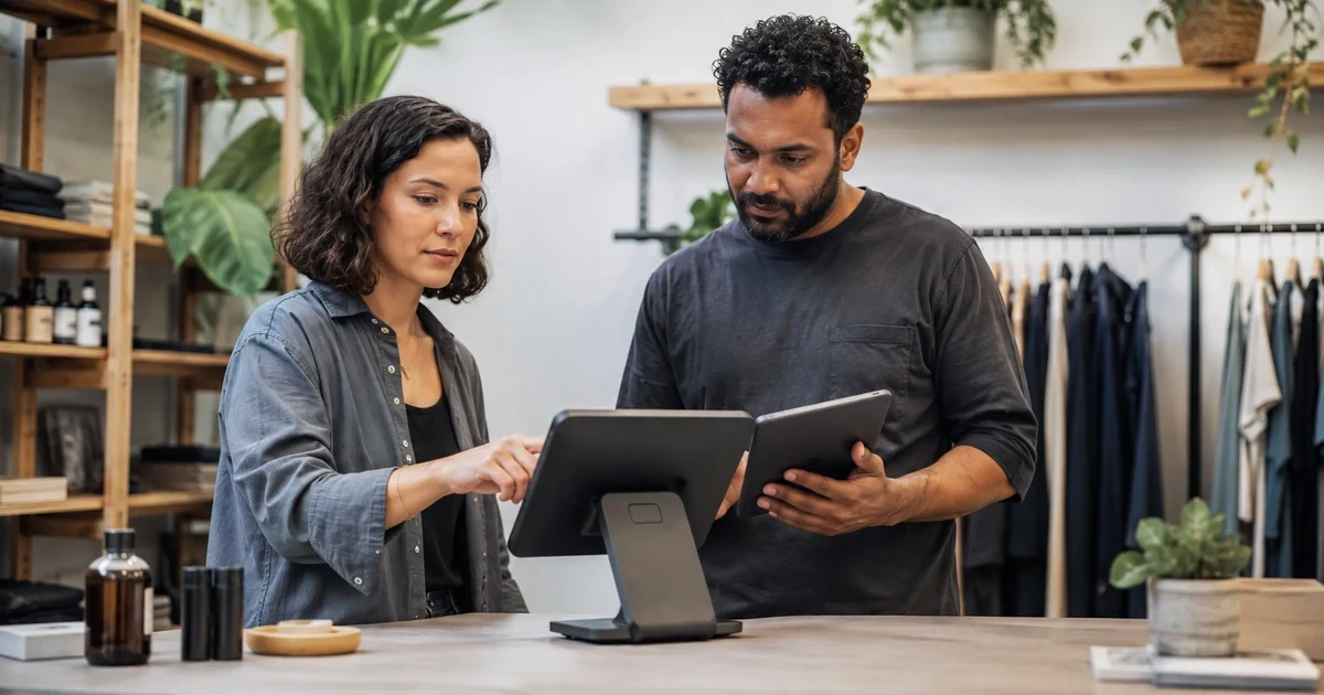A retail manager configuring employee roles and multifactor access on a Square-style POS tablet while an IT specialist verifies permissions
