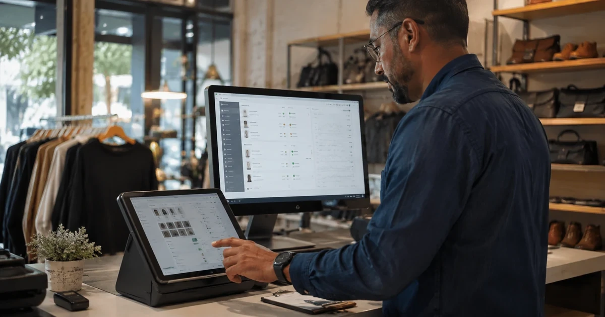A retail technology specialist troubleshooting Square-style app integrations by comparing orders, inventory, customer data, and synchronization status across a POS terminal and back-office screen
