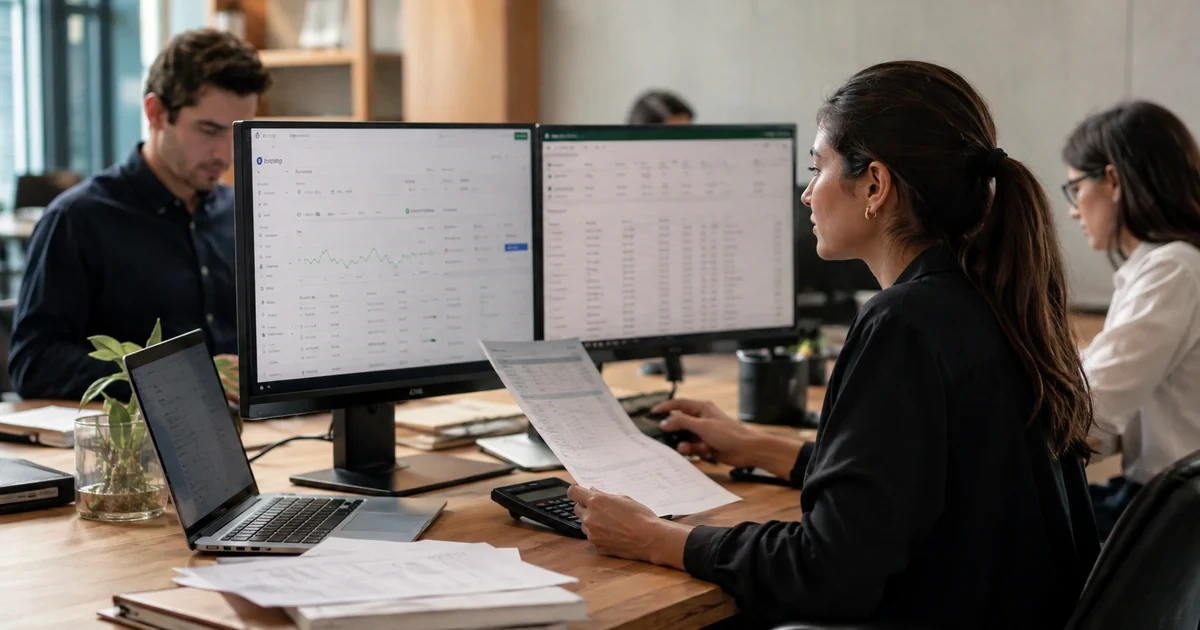 A finance team reconciling online payment transactions, payouts, fees, refunds, and bank deposits across a payment dashboard and accounting ledger