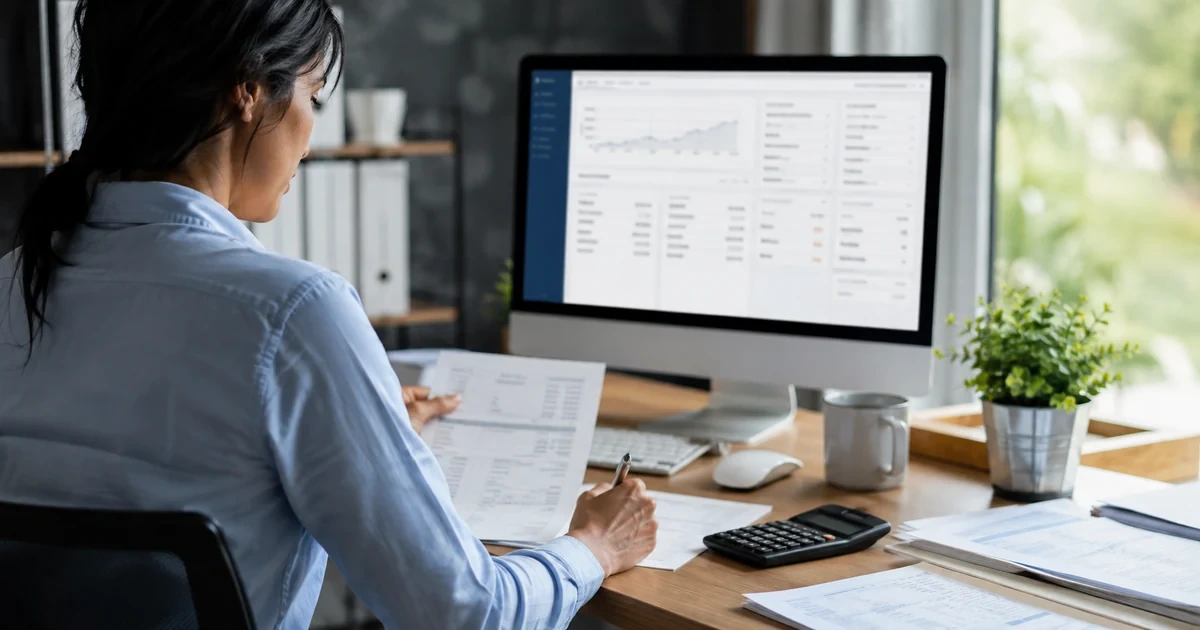 A bookkeeper reconciling FreshBooks-style bank transactions, reports, imports, and connected applications on a desktop with source statements nearby
