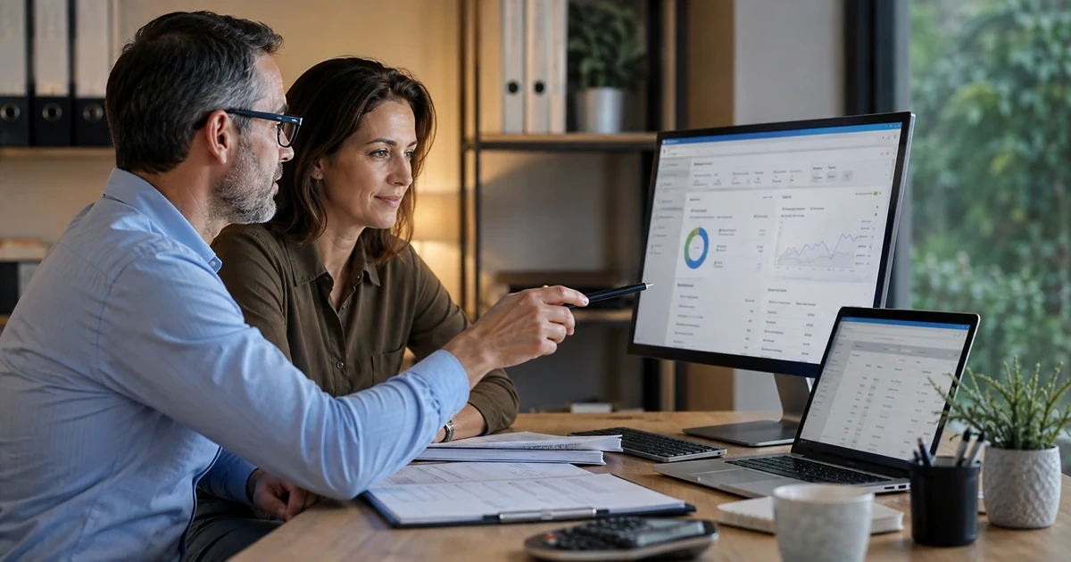 An accountant and business owner configuring a QuickBooks-style company file, chart of accounts, bank feeds, and opening balances