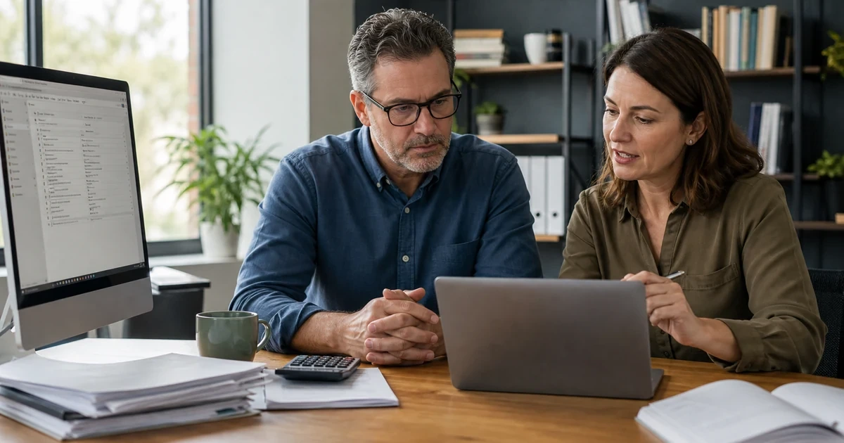 A business owner and accountant reviewing QuickBooks-style roles, multifactor access, audit history, and a locked accounting period