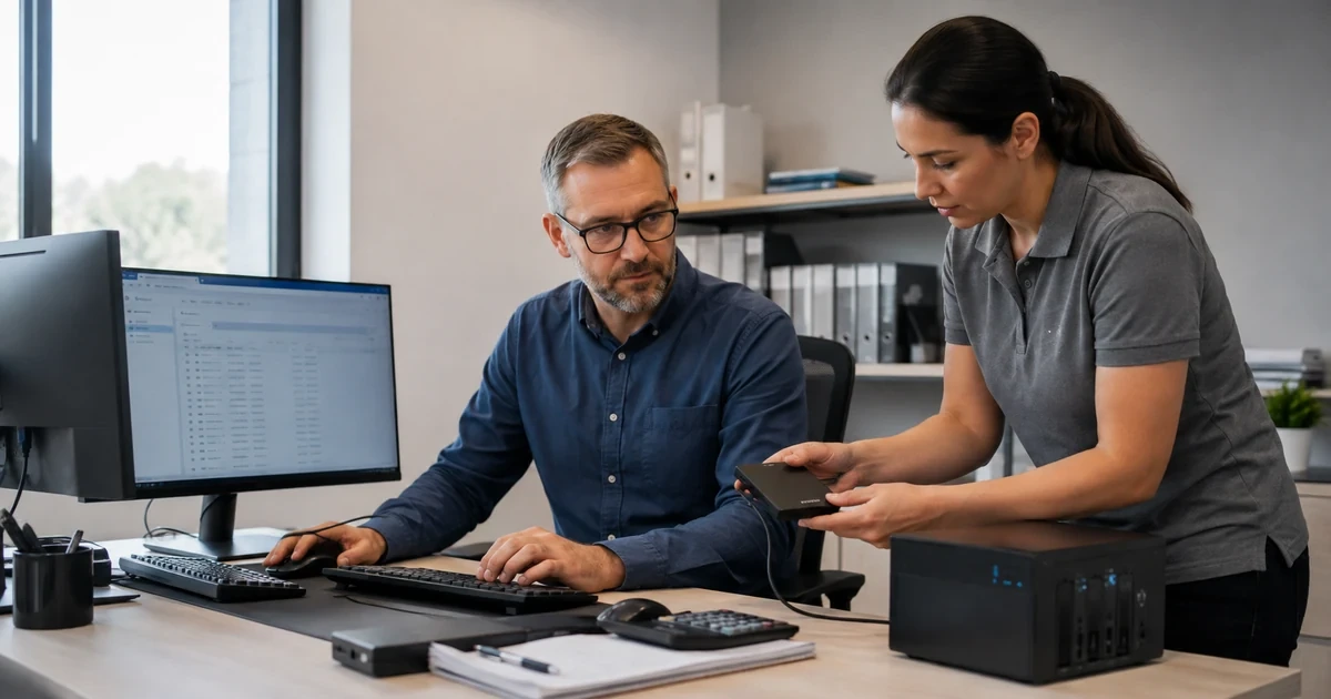 An accountant and IT technician securing a Sage 50-style desktop accounting environment, user access, local data files, and verified backups