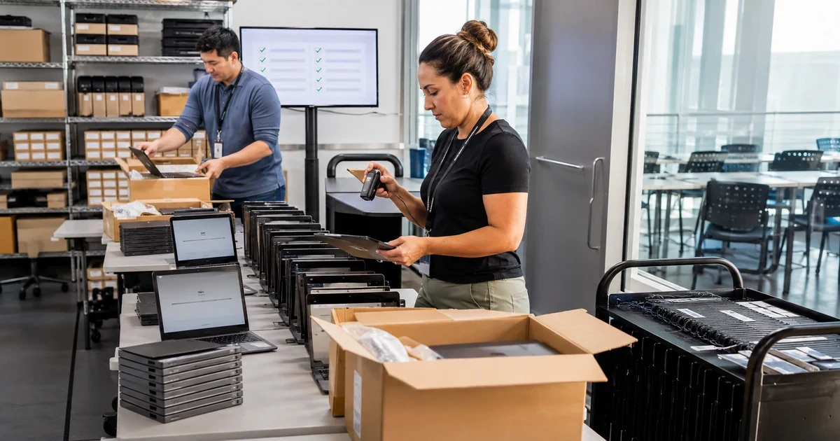 IT staff scanning enrolling and organizing rows of Chromebook style laptops for a managed rollout