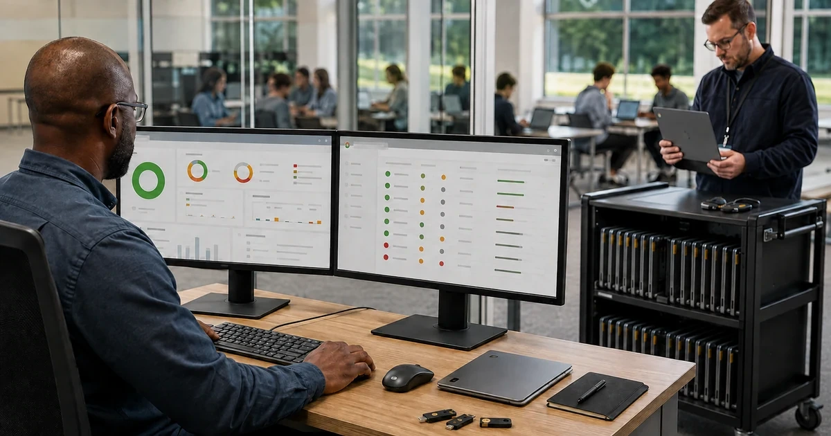 Security administrator reviewing device compliance while a technician checks a managed laptop fleet