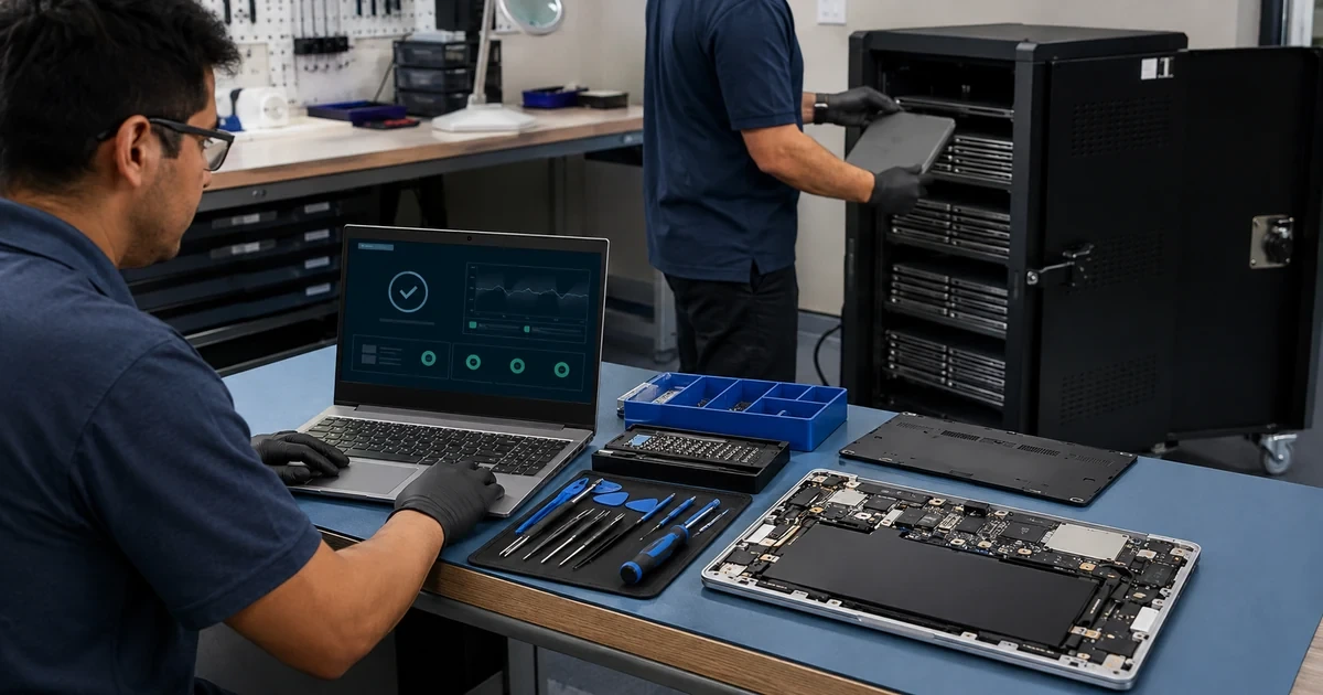 Technicians diagnosing repairing and securely storing retired Chromebook style laptops