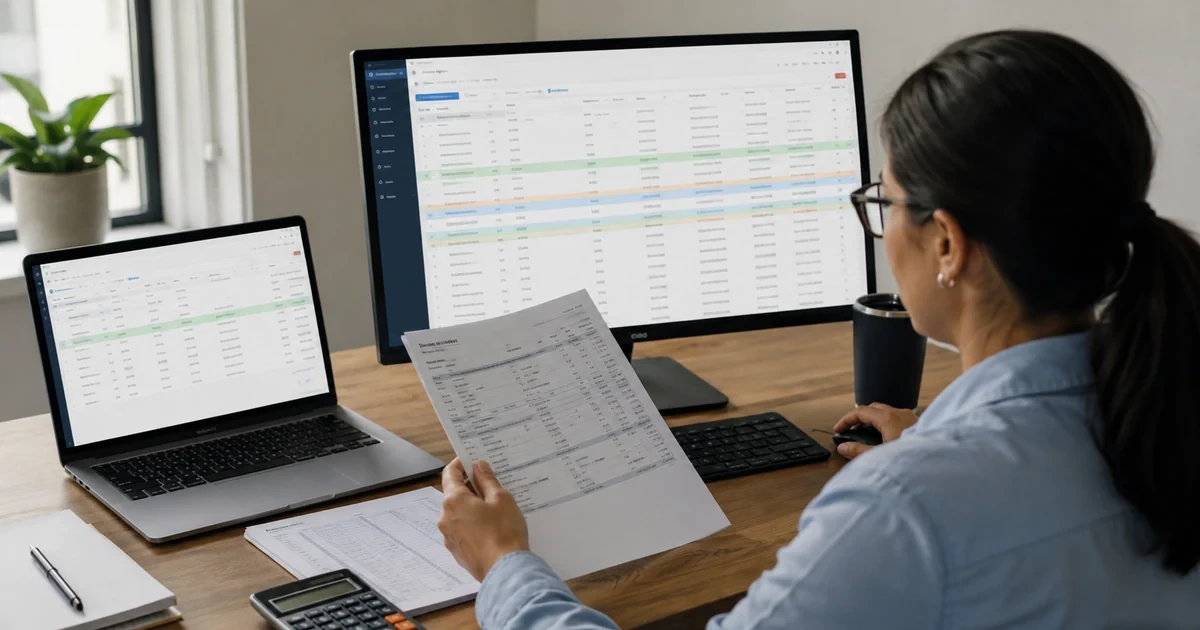 A bookkeeper reconciling a bank statement against Wave-style transactions while investigating imports, duplicates, balance differences, and close evidence