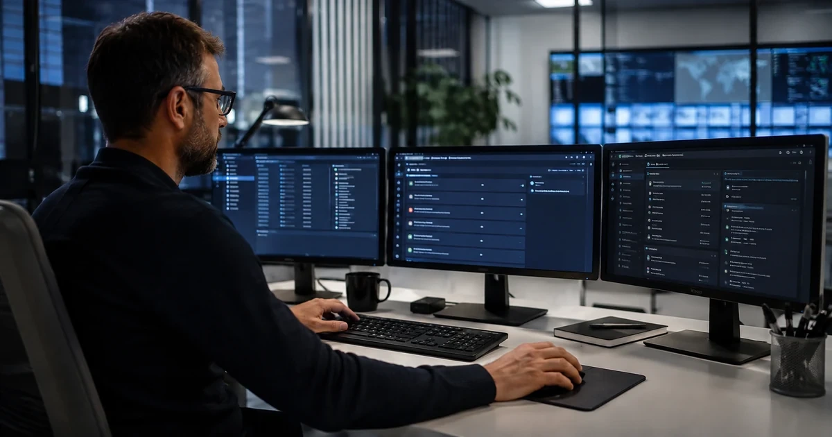 An identity administrator reviewing password-vault SSO, automated provisioning, device policy, role assignments, and secure offboarding