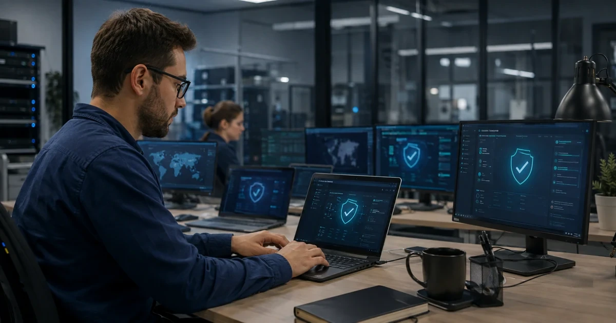 A cybersecurity technician deploying Bitdefender-style endpoint agents and verifying protection coverage across office laptops and workstations