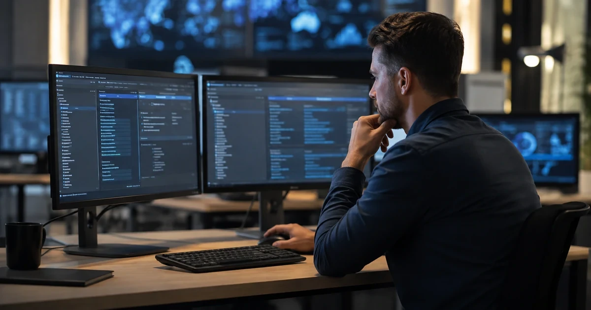A security analyst reviewing Bitdefender-style endpoint policies, exclusions, administrator roles, and multifactor access on a large monitor