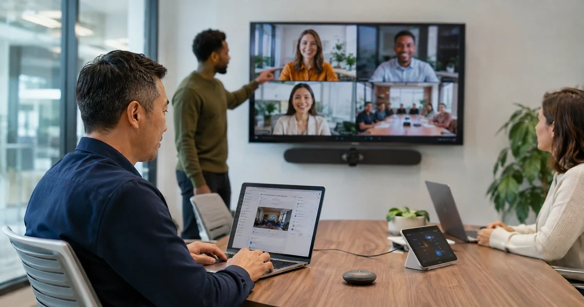 A Google Workspace administrator configuring Google Meet access and safety while employees test a business meeting across laptop and conference room devices