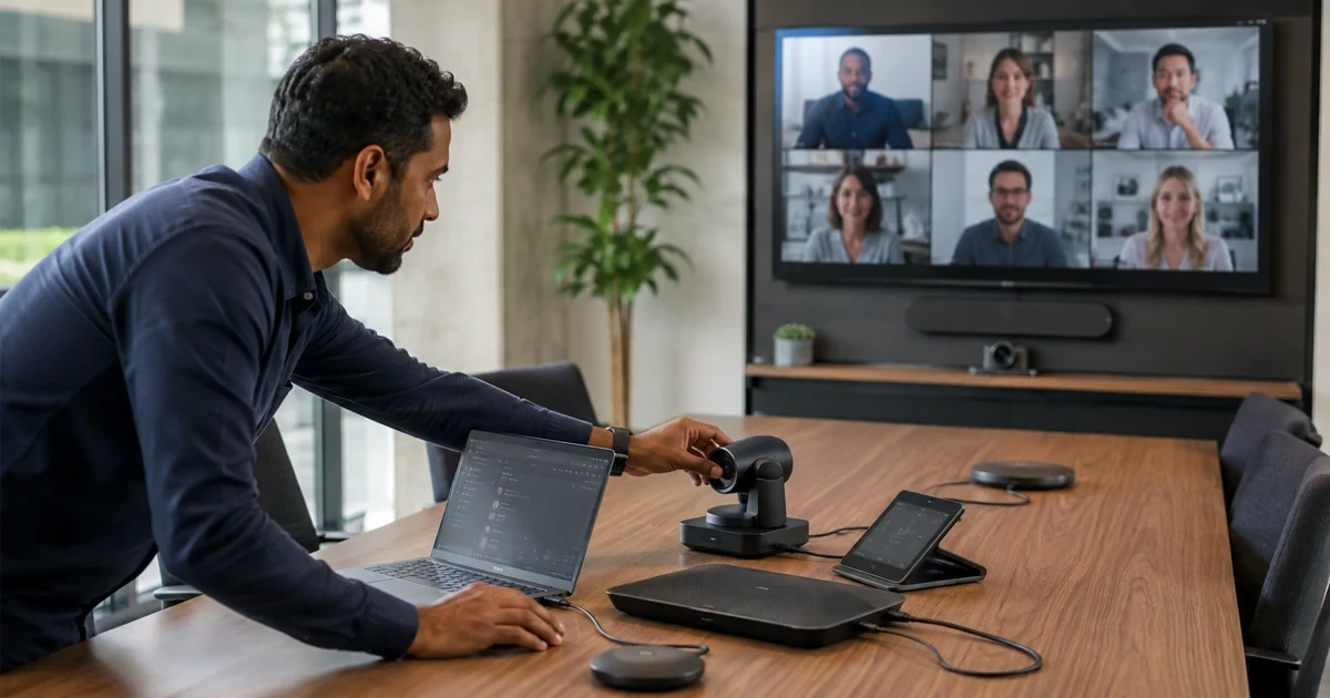 A support technician troubleshooting Google Meet camera, microphone, network, and room-device quality during a live conference-room test