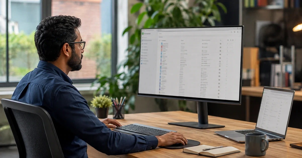 A Google Workspace administrator building the tenant foundation with organizational units, managed devices, administrator roles, and baseline settings on a large office monitor
