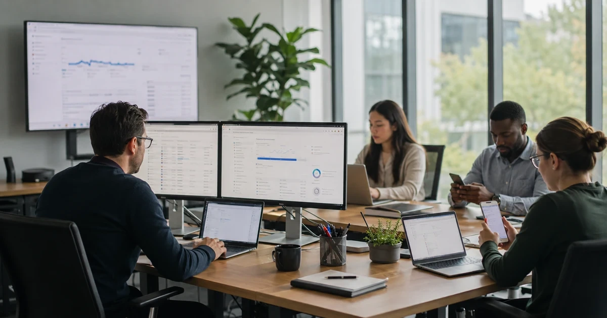 A Google Workspace administrator managing a timed email and shared-file migration while office users validate access on laptops and phones