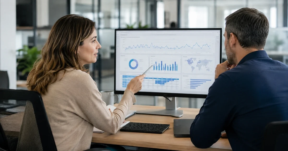 A marketing analyst presenting clear GA4-style lead, channel, landing-page, and conversion reporting to a business owner