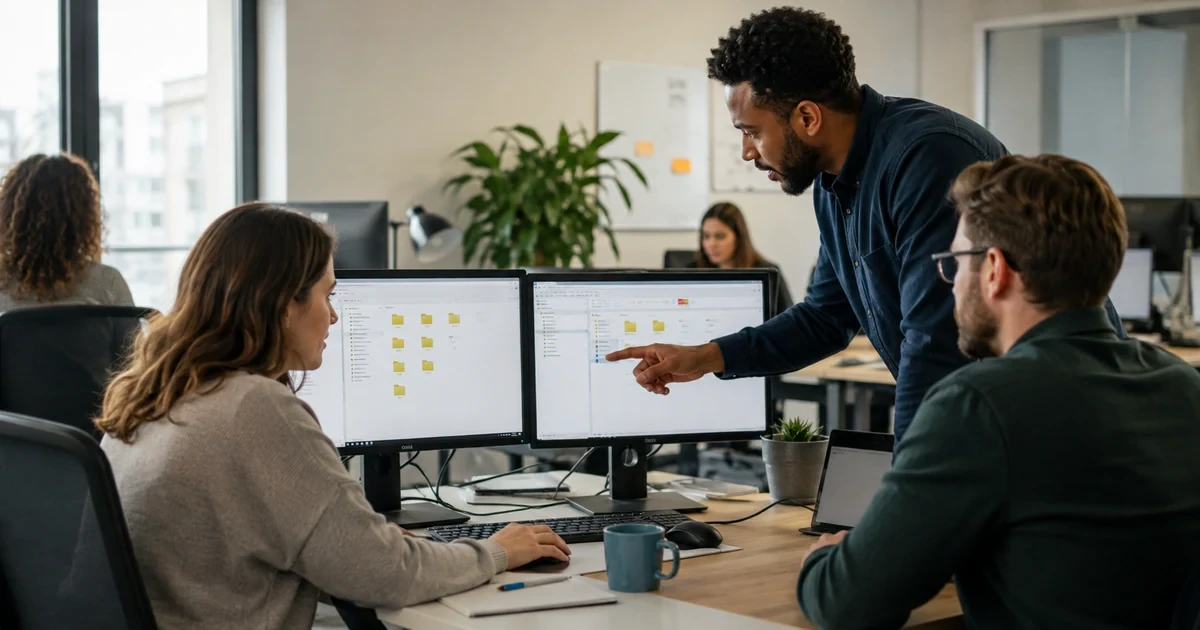 A department team organizing company files into shared drives with clear ownership, folder structure, and continuity beyond individual accounts