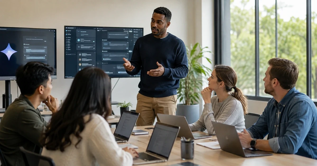 A facilitator leading a controlled Gemini business pilot while employees test approved work tasks, document feedback, and request human review
