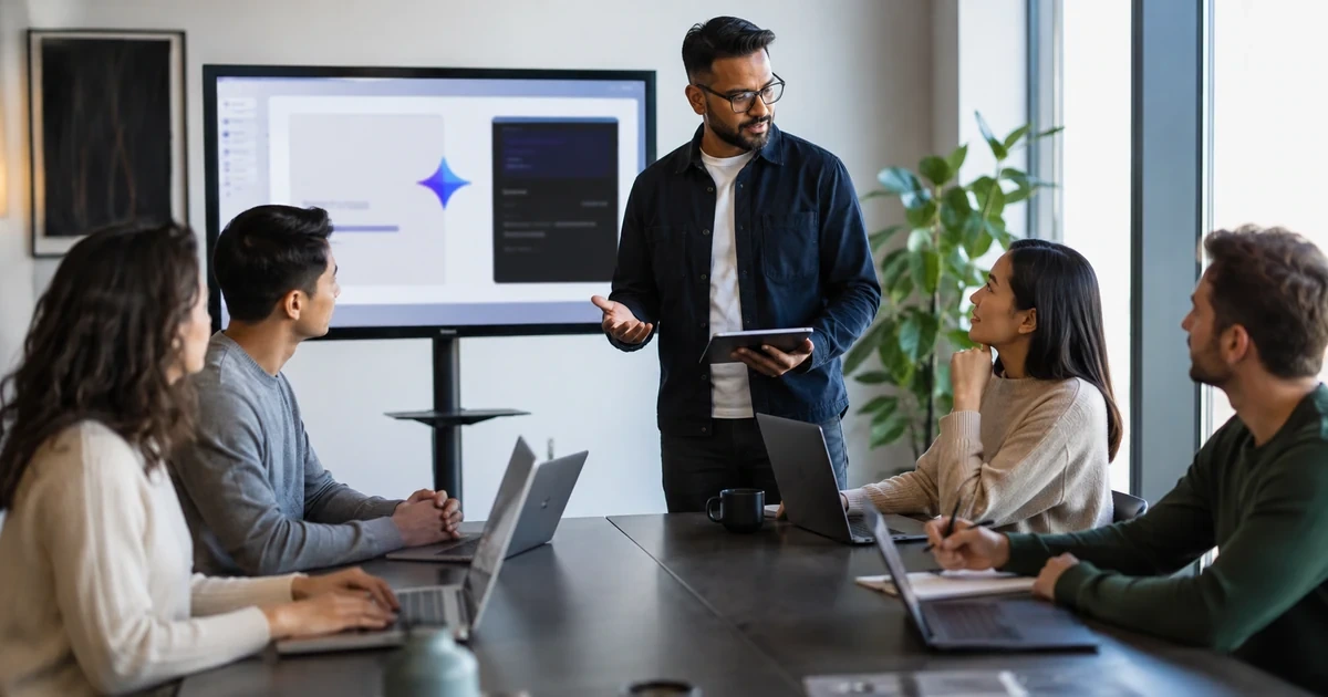Employees in different business roles receiving hands-on Gemini training while an AI lead reviews prompts, outputs, and safe-use expectations