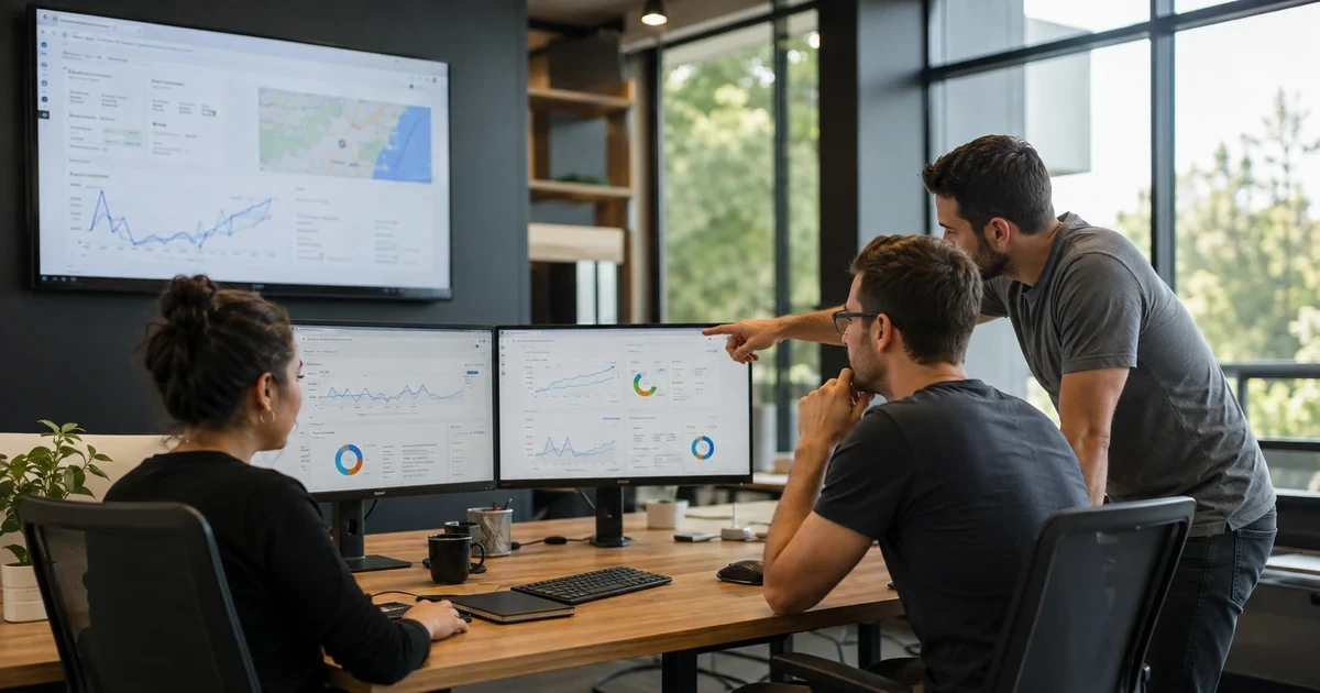 A marketing team connecting Google Ads, Analytics, Search Console, Business Profile, and local lead reporting on several coordinated screens