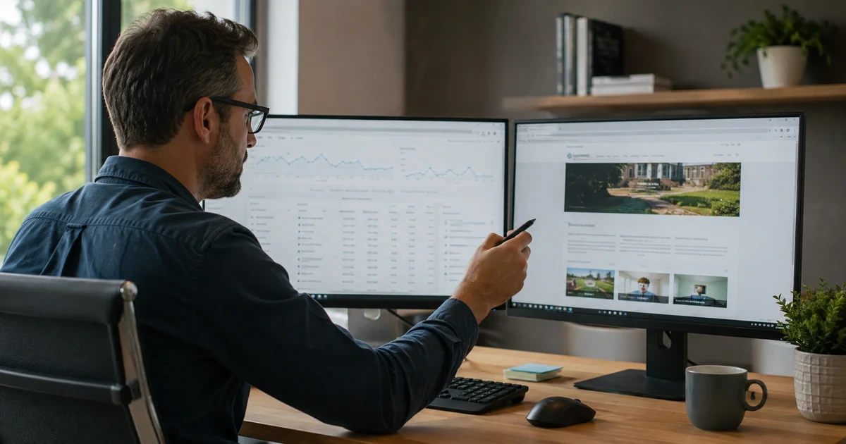 A search strategist and service manager using Search Console-style query and page data to improve a real local service page on a second monitor